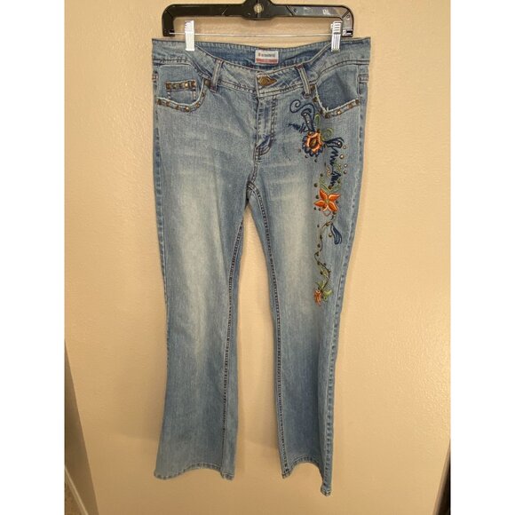 No Boundaries Womens Embroidered Bootcut Jeans 13 Medium Denim Y2K Low Rise - Picture 2 of 9